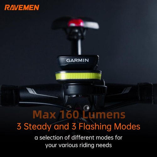 RAVEMEN FR160 Compatible with Wahoo Cycle Computers, IPX6 Waterproof Bike Backup Headlight with 160 Lumens Warning Flashing Mode for Being Seen (QTM01 Included)