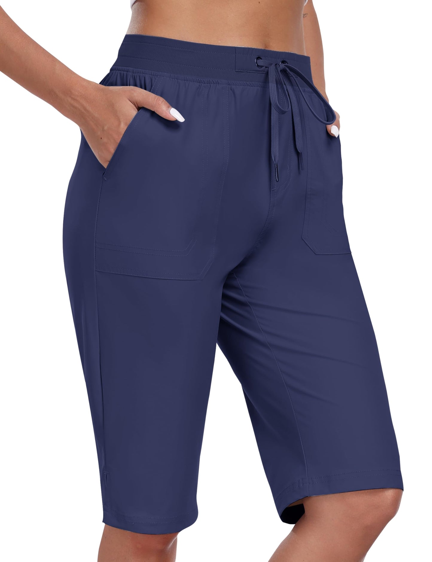 MoFiz Knee Length Shorts Women 13" Lightweight Long Shorts Women Casual Summer Outdoor Athletic with Pockets Navy Blue 2XL