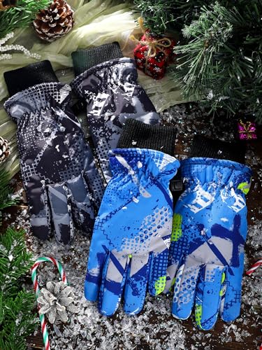 Kids Waterproof Snow Gloves 2 Pairs for Ages 4-8 Retro Style