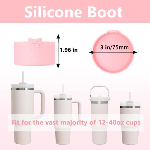 YAYAYOUNG Stanley Cup Accessories Set Including 2Pcs Silicone Bow Straw Covers Cap Toppers for 0.4 in/10mm Straws,2Pcs Silicone-Boots for Stanleys Cups 40oz & 30oz Tumbler(Pink)