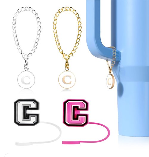 Orehymbe Letter Charm Compatible with Stanley Cup, 2PCS Personalized ID Initial Letter Charm Accessories with 2PCS Straw Cover Cup for 30&40 Oz Tumbler with Handle 10mm (Letter C)