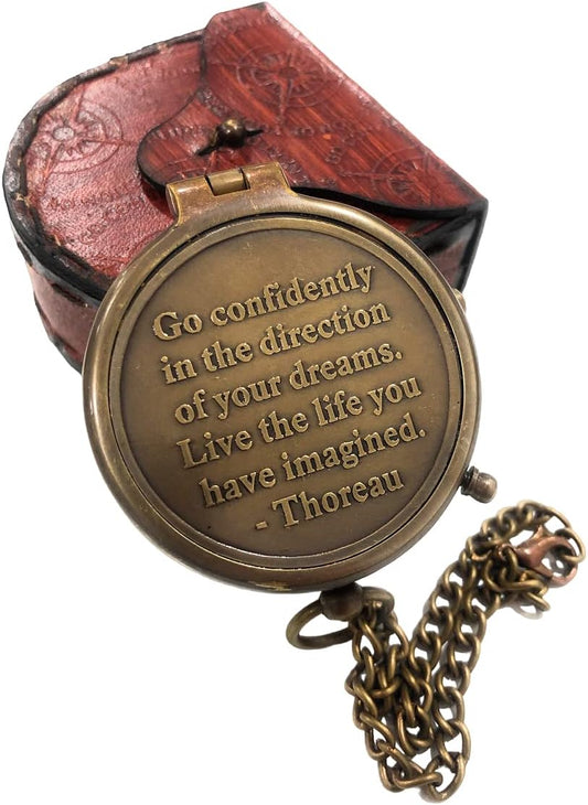 Thoreau's Go Confidently Quote Engraved Compass Inspirational Quotes Engraved on a Brass Compass - Gift for Graduation, Anniversary, Baptism, Retirement, or Christmas - Vintage Style Working Compass
