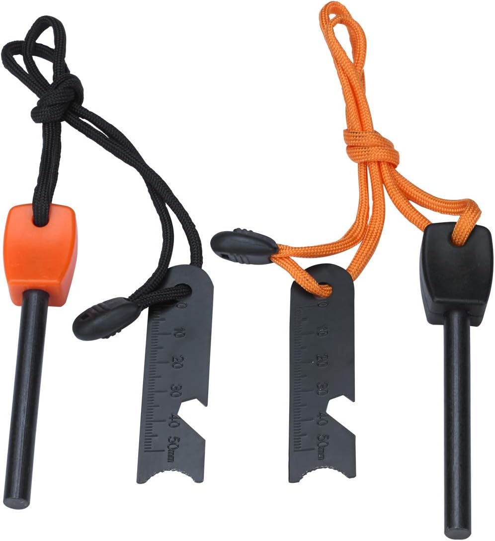 FOSTAR Ferrocerium Alloy Rod Fire Starter, 5/16 Inch Thick Waterproof Fire Steel, Bushcraft Ferro Rod with Easy Grip Handle, Multi-Tool Striker and Paracord Lanyard (2PCS, Black and Orange)