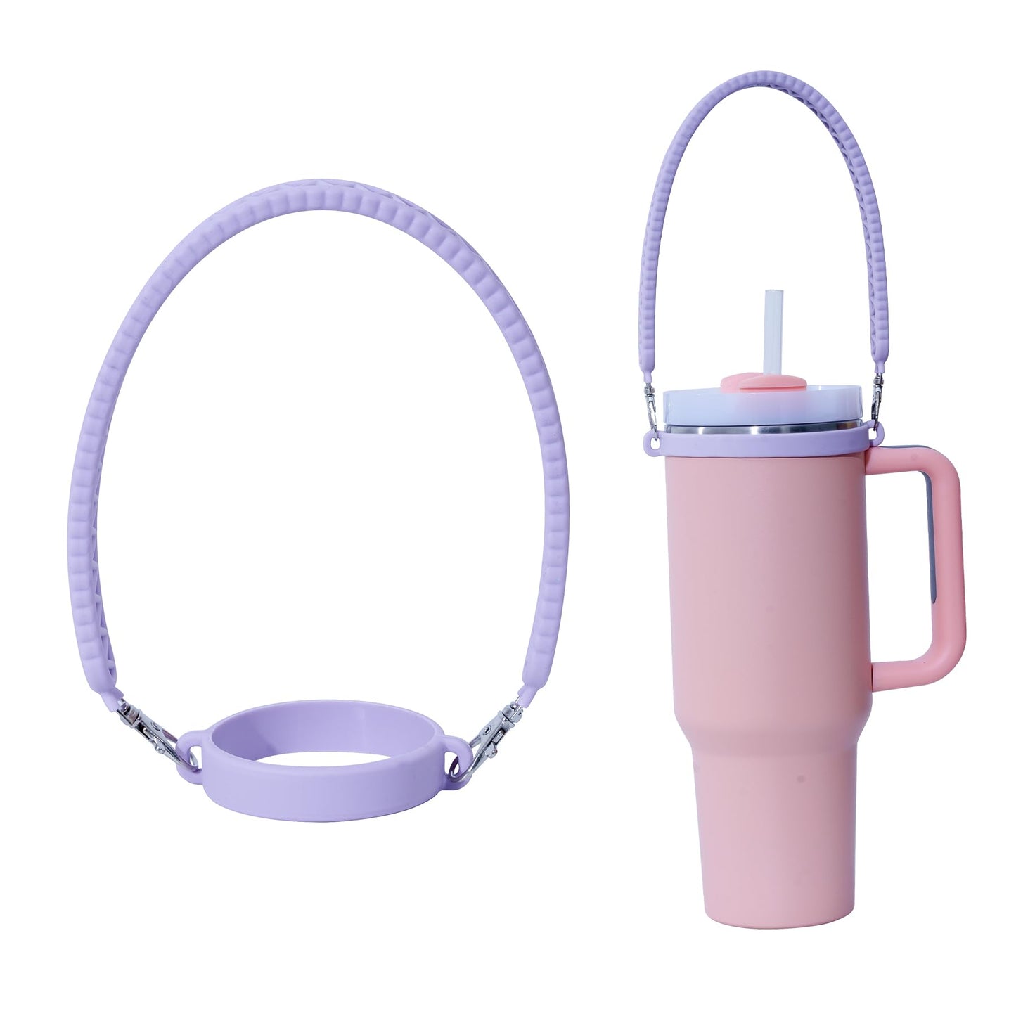 Jahao Silicone Water Bottle Sling, Carrier, Holder with Strap - Shrinkable Cup Sling Fit with Most 8-40oz Water Bottle, Tumbler Accessories for Stanley Cup, Water Bottle Handle for Walking (Purple)