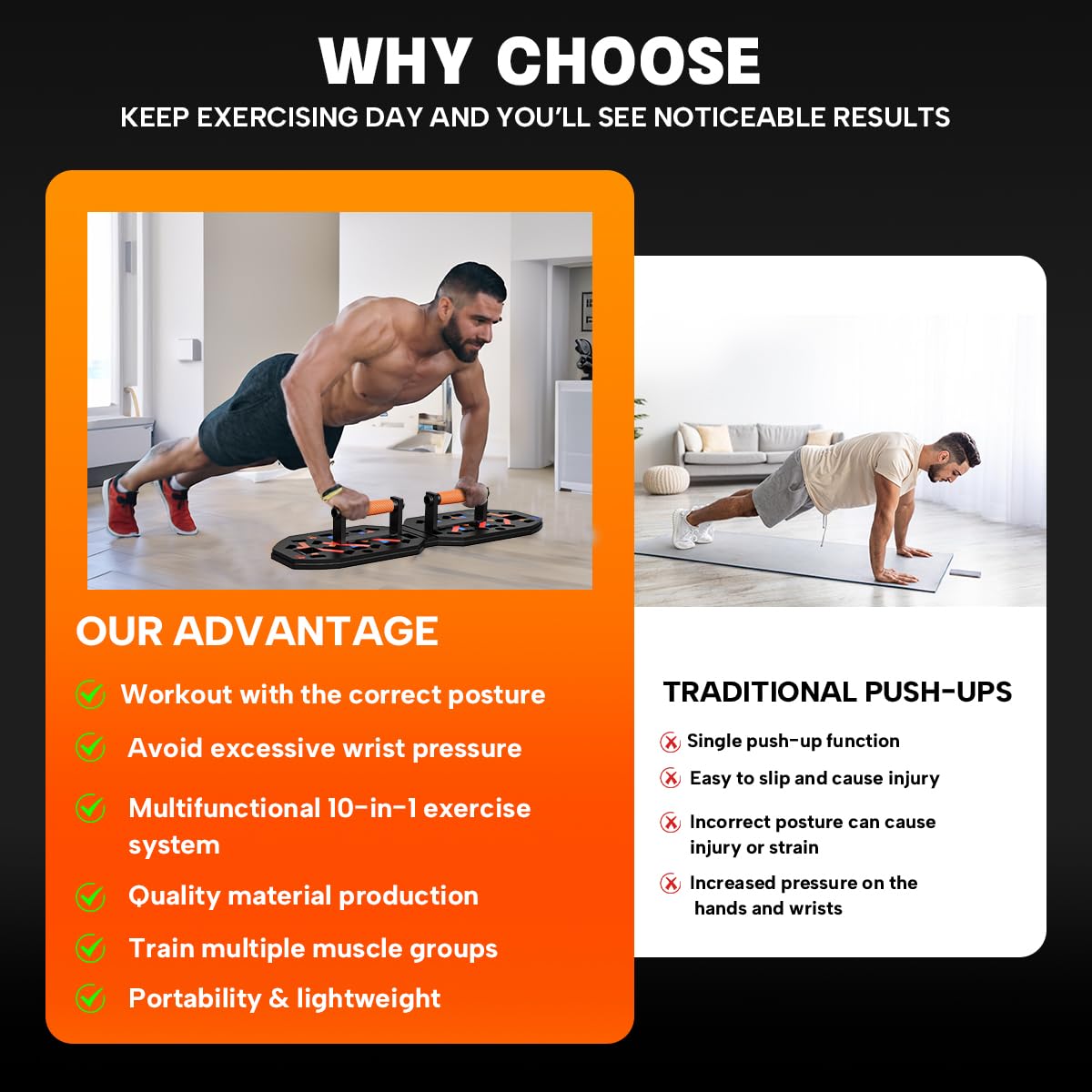 VEICK Push Up Board Fitness, Portable Foldable Exercise Equipment, Fitness Accessories with Resistance Bands Skateboard, Professional Strength Training Equipment for Men Women, Orange