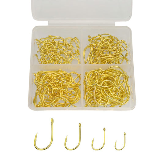 200pcs-300pcs Small Barbed Fishing Hooks Black High Carbon Fishing Hooks Set 6# 8# 10# 12# 14# 16# with Plastic Box (200pcs Gold)