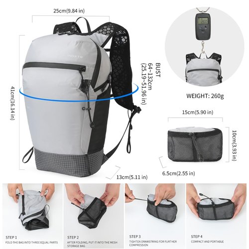 IX INOXTO Foldable Hydration Backpack with Two 500ML Flasks, 15L Lightweight Hiking Daypack, Waterproof Hydration Packs for Men and Women, Outdoor Hiking Travel and Running (Grey)
