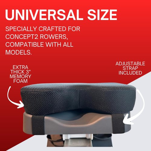 TreadLife Fitness Universal Rowing Machine Seat Cushion | Designed for Concept 2 Rowing Machines, Compatible with All Rowers | Extra Thick 3" Memory Foam with Adjustable Strap Black