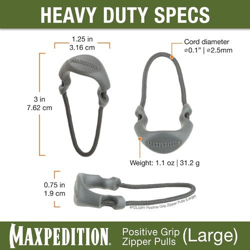 MAXPEDITION Positive Grip Zipper Pulls (Large, Gray) Pack of 6, Zipper Pull Replacement for Tactical Backpack, EDC Pouch, Bug Out Bag & Luggage, Sling Pull Tab, PZLGRY