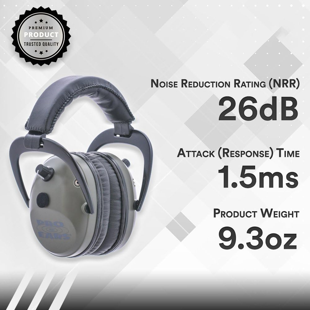 Pro Ears - Pro Tac Plus Gold - Military Grade Electronic Hearing Protection and Amplification - NRR 26 - Ear Muffs - Green