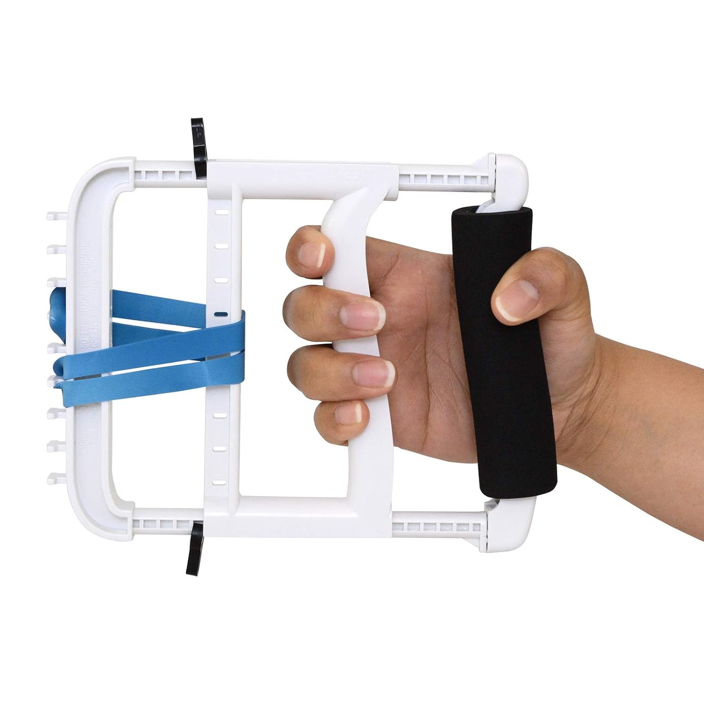 Rolyan Ergonomic Hand Exerciser with Padded Handle, Adjustable Squeeze Tool, 4 Pairs of Rubber Bands for Progressive Resistance, Improves Hand Grip Strength in Fingers, Hand, & Thumb, Blue