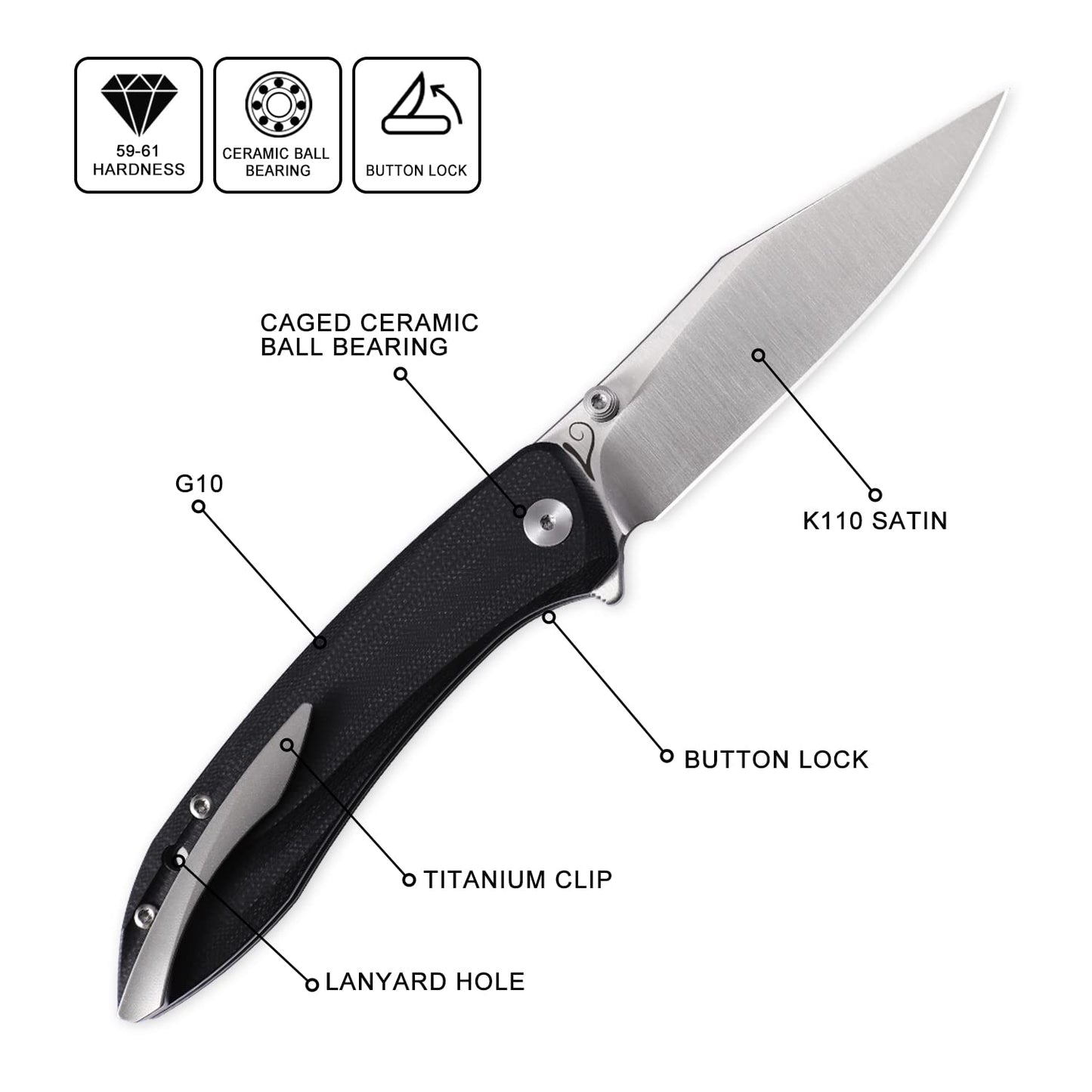 Petrified fish PFE08 Grow Folding Knife,3.62" K110 Satin Blade, 3.8oz G10 Handle Button Lock Pocket Knife for EDC (Black G10)