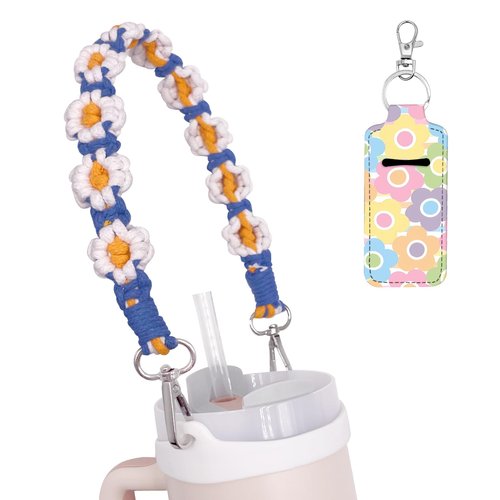 Lingdeer Water Bottle Handle with Lip Balm Holder, Macrame Flowers Water Bottle Sling Holder Lanyard, Carrier with Strap, Fits Most 8-40oz, Compatible with Stanley Cup Accessories