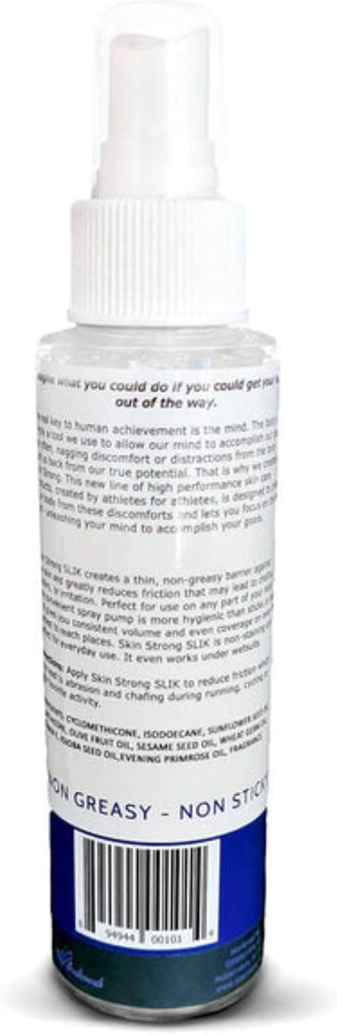 Skin Strong Slik Anti-Friction and Anti-Chafe Spray. Eliminates Chafing and Defends Against Friction. Quick Spray Application for Feet, Thighs, Bras, and Wetsuits. Non-Greasy and Non-Staining.