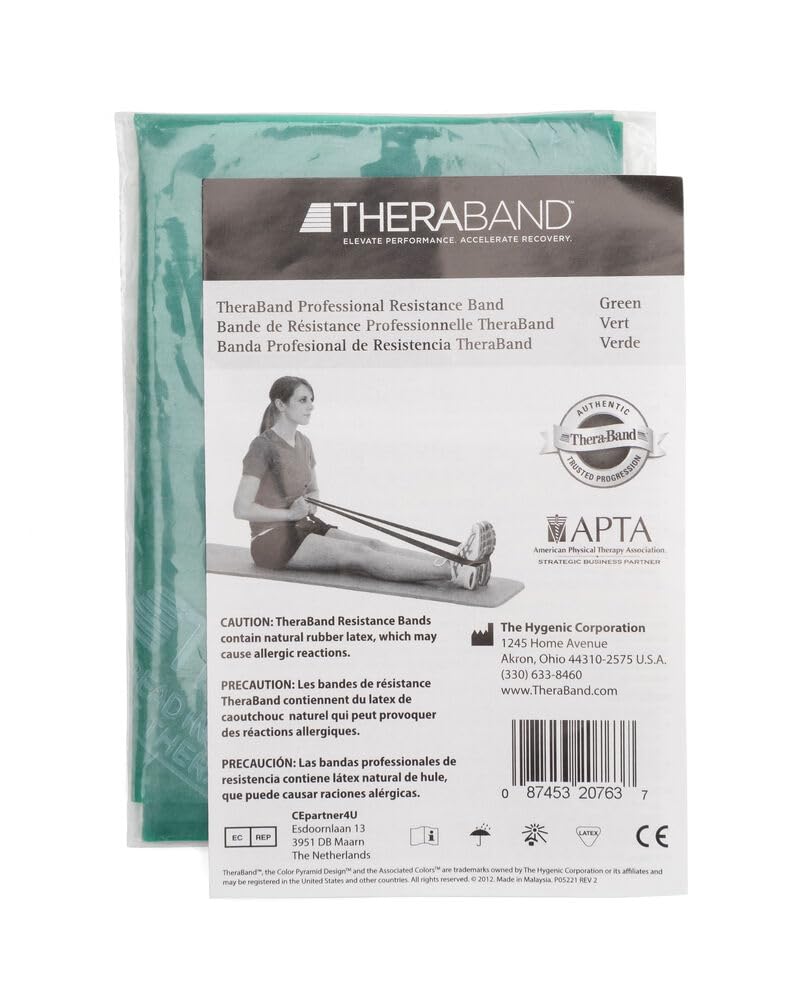 THERABAND Professional Latex Resistance Bands For Rehabilitation, Portable Fitness and Workout, Home Exercise, 5 Foot, Green, Heavy, Level 4, Individual Package