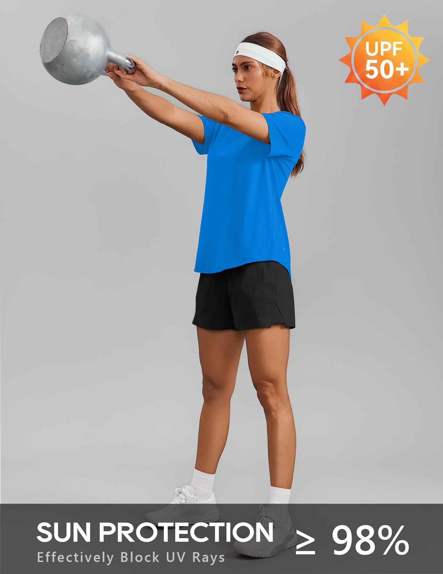 PINSPARK Quick Dry Workout Tops for Women Short Sleeve V Neck Moisture Wicking Athletic Gym Shirts Running Hiking T-Shirts,Sparkle Blue X-Large