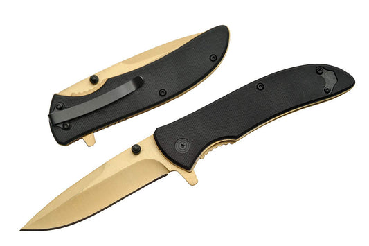 SZCO Supplies Rite Edge Assisted Opening Knife - 4.5" Gold Liner Lock Folding Knife with Black G10 Handle, Stainless Steel Blade, and Pocket Clip - Tactical EDC Folding Knife