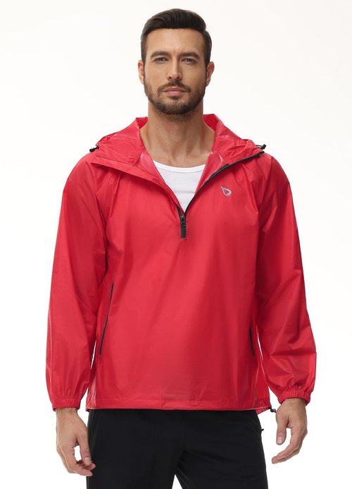 baleaf Men's Light Running Hiking Rain Jacket Waterproof with Hood Windbreaker Pullover Coats Hoodie Packable Red 2XL