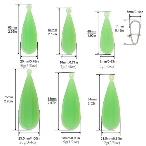 Conskyee Fishing Practice Plugs, Soft PVC Luminous Bait Casting Plug, 6 Mixed Sizes Weight Kids Fishing Sinker Molds for Improving Casting Skills, 1/5oz, 1/4oz, 3/8oz, 2/5oz, 1/2oz, 3/4oz