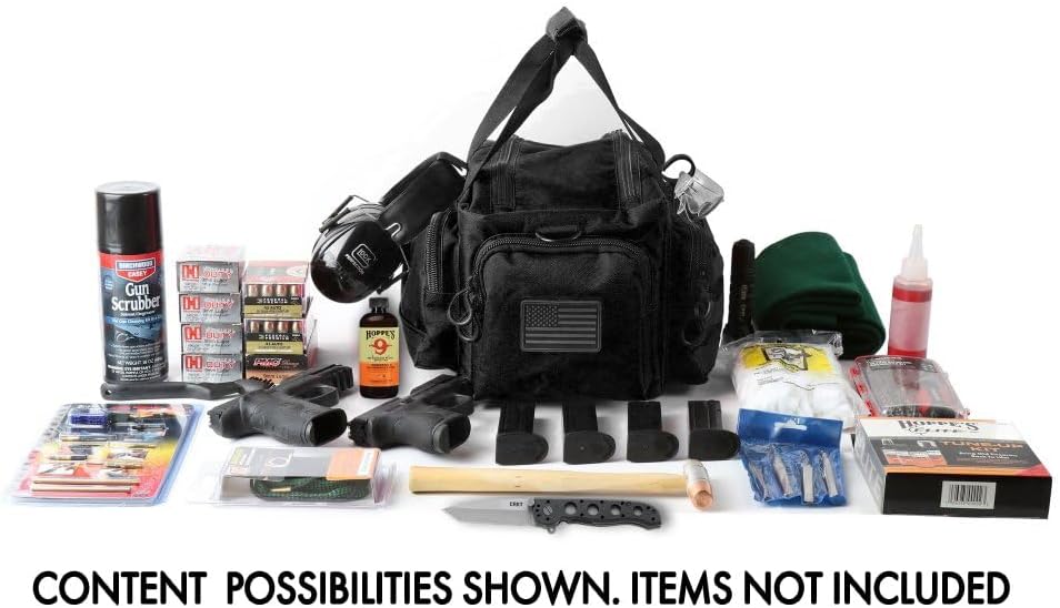 Exos Tactical Range Bag - Medium Size Range Bag for Shooting - Gun Case for Handguns, Ammo Storage, Tactical Backpack, Molle Webbing, Free Subdued USA Patch, Designed in the USA (Black)