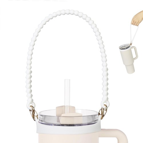 VIKIZUES Water Bottle Handle - Soft Silicone Holder, Sling, Lanyard with Strap - Fits Most 8-40oz Bottles - Compatible Stanley Cup Accessories (White)