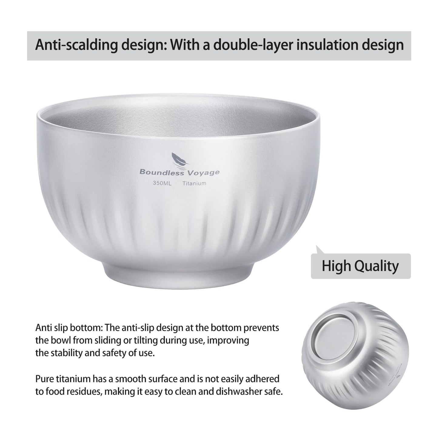 iBasingo 500ml Titanium Bowl Double Walled Oatmeal Food Rice Soup Bowl Ultralight Portable Tableware Outdoor Camping Metal Bowl Ti1165T