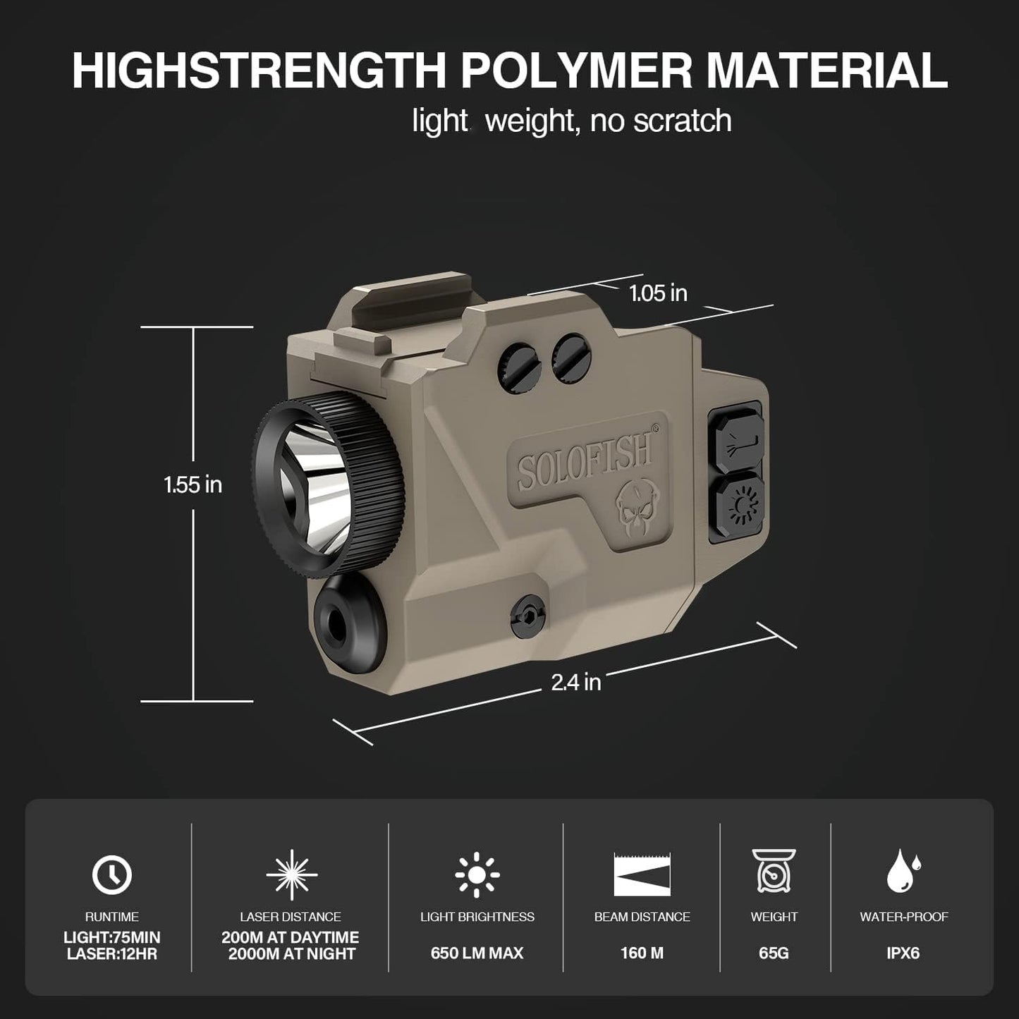 SOLOFISH 650 Lumens Pistol Light and Green Laser Combo, Strobe Function for Tactical Flashlight with Slidable Rail Fits Full Size Guns w/Rail, Magnetic Charging