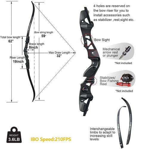 TOPARCHERY 62" Black Hunter Recurve Bow, ILF Interface Shock Absorption Takedown Hunting Recurve Bow for Adult & Youth Beginner, Longbow Archery Set for Outdoor Target Hunting Training Practice-50LBS