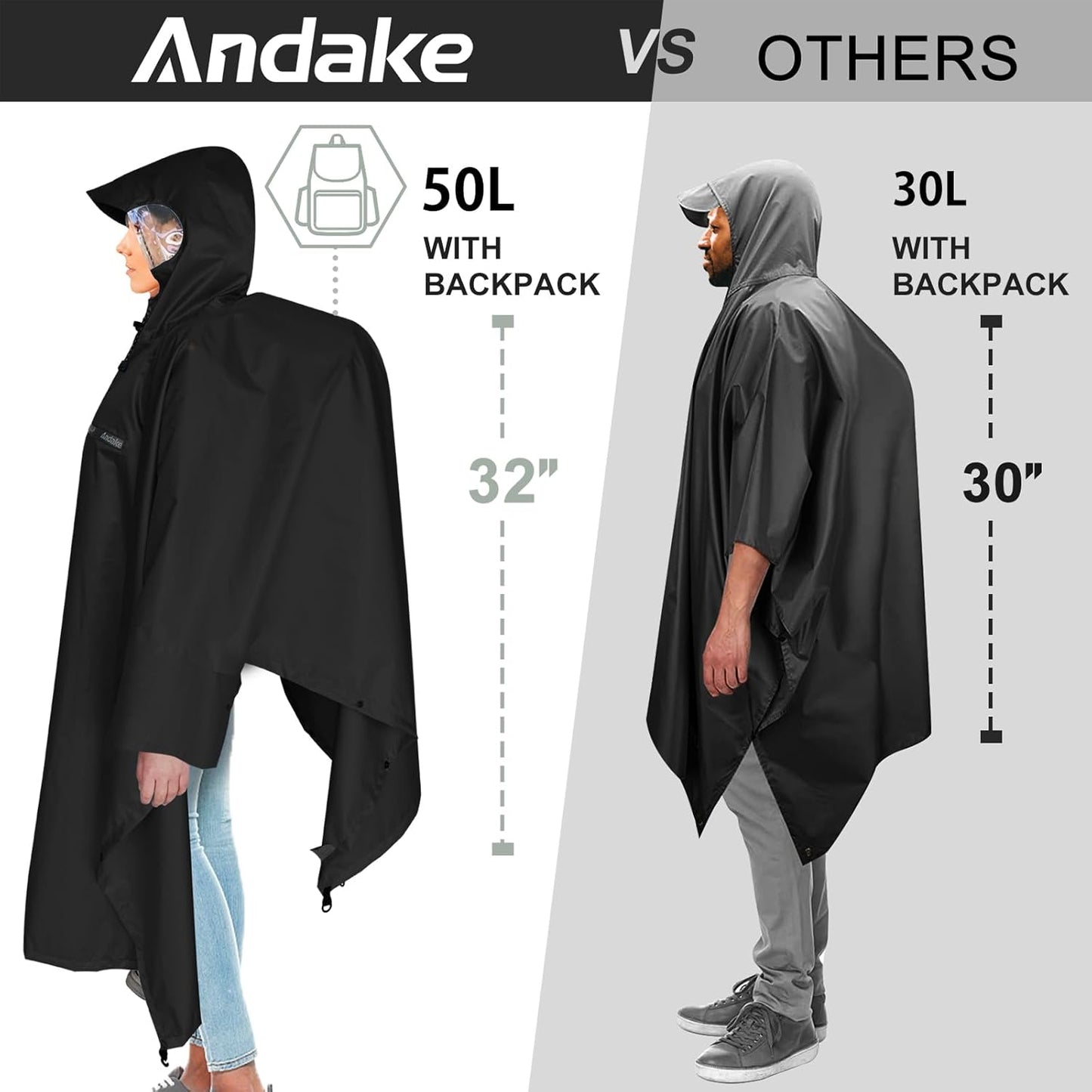 Andake Waterproof Rain Poncho for Adults Unisex,230T Ripstop Polyester,Raincoat Gear with Transparent Viewing Window Outdoors