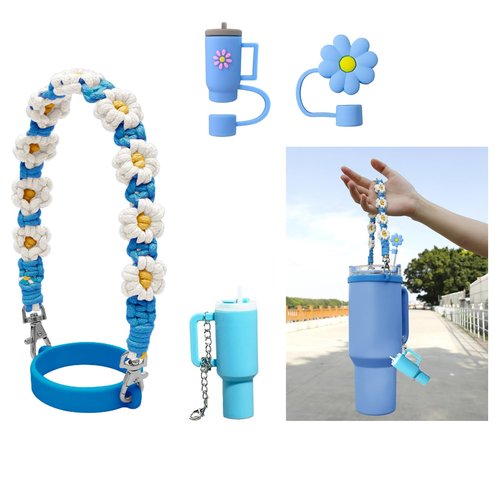Wohoyee Water Bottle Handle Strap with Lipstick Holder, Silicone Straw Covers, Mini Cup Keychain Compatible with Flask & Stanley Cup Fits Most 16-40oz Water Bottle (Blue)
