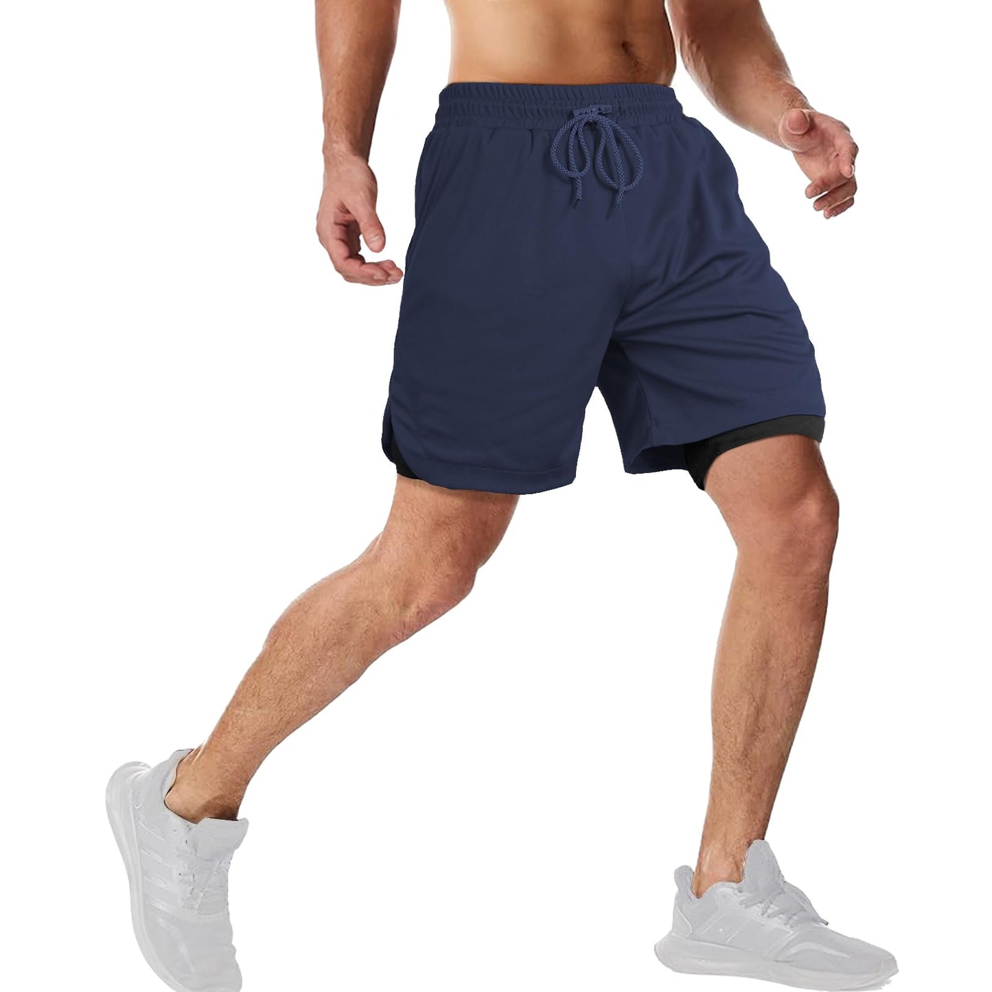 candyfouse Men's 2 in 1 Running Shorts, Quick Dry Workout Shorts with Liner, Athletic Shorts with Zip Pockets and Towel Loop Navy Blue