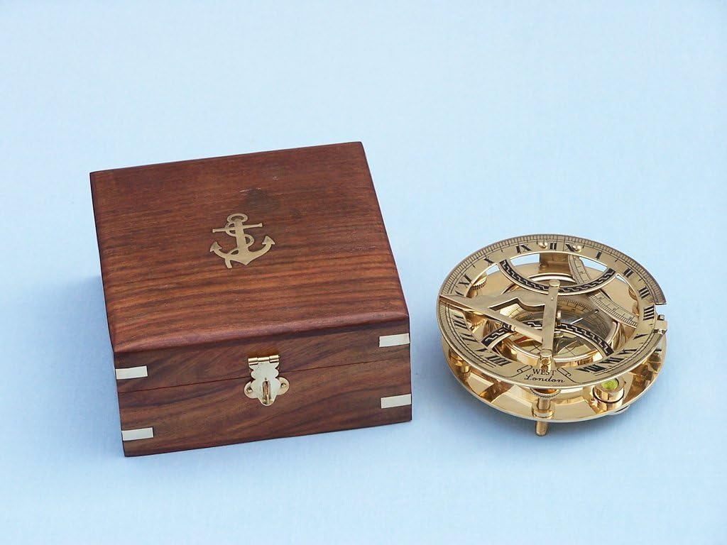 Hampton Nautical Antique Brass Round Sundial Compass with Rosewood Box, 6"