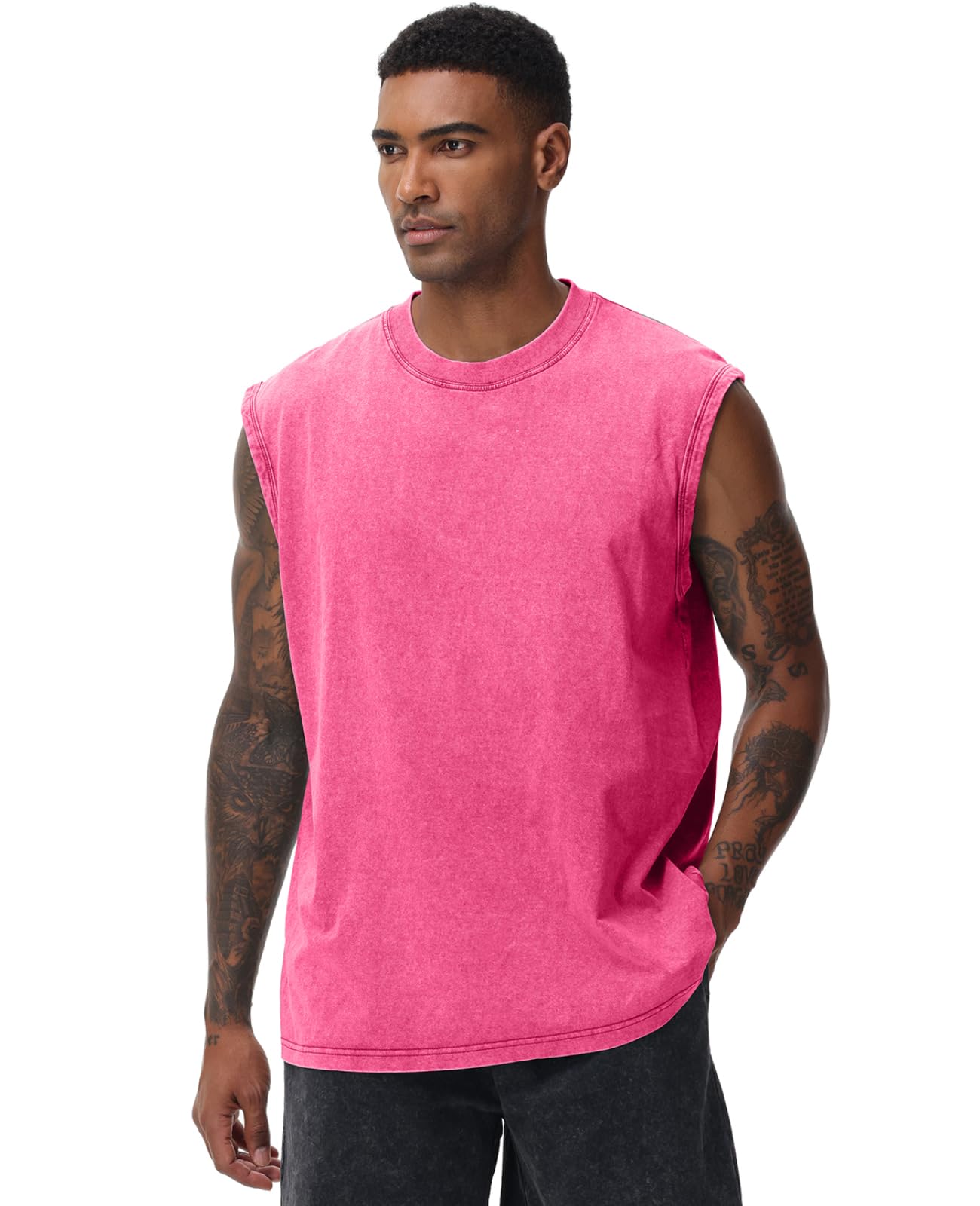 SnowElve 3 Pack Mens Workout Tank Tops Sleeveless Tee Shirts Men Muscle Shirt Gym Acid Wash T Shirts Running Beach Loose Fit Tee(PKGYBK,S)
