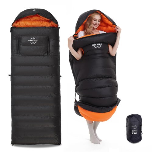 OMVMO 20 Degrees F Down Sleeping Bag for Adults, Ultra-Light & Compact, Wearable with Arm Holes, 4-Season Envelope Down Fiber Sleeping Bag for Backpacking & Camping
