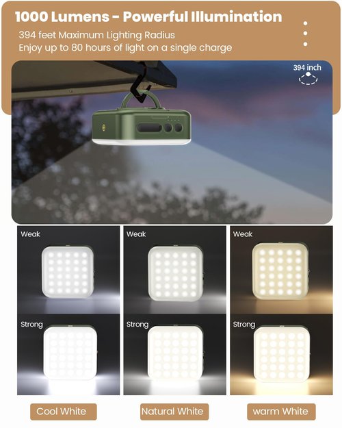 LumiSun Camping Lantern - Collapsible Solar LED Lamp, 5200mAh Solar/USB Rechargeable, 1000LM, 5 Light Modes, Outdoor IPX4 Waterproof - Portable Emergency Light （Green）