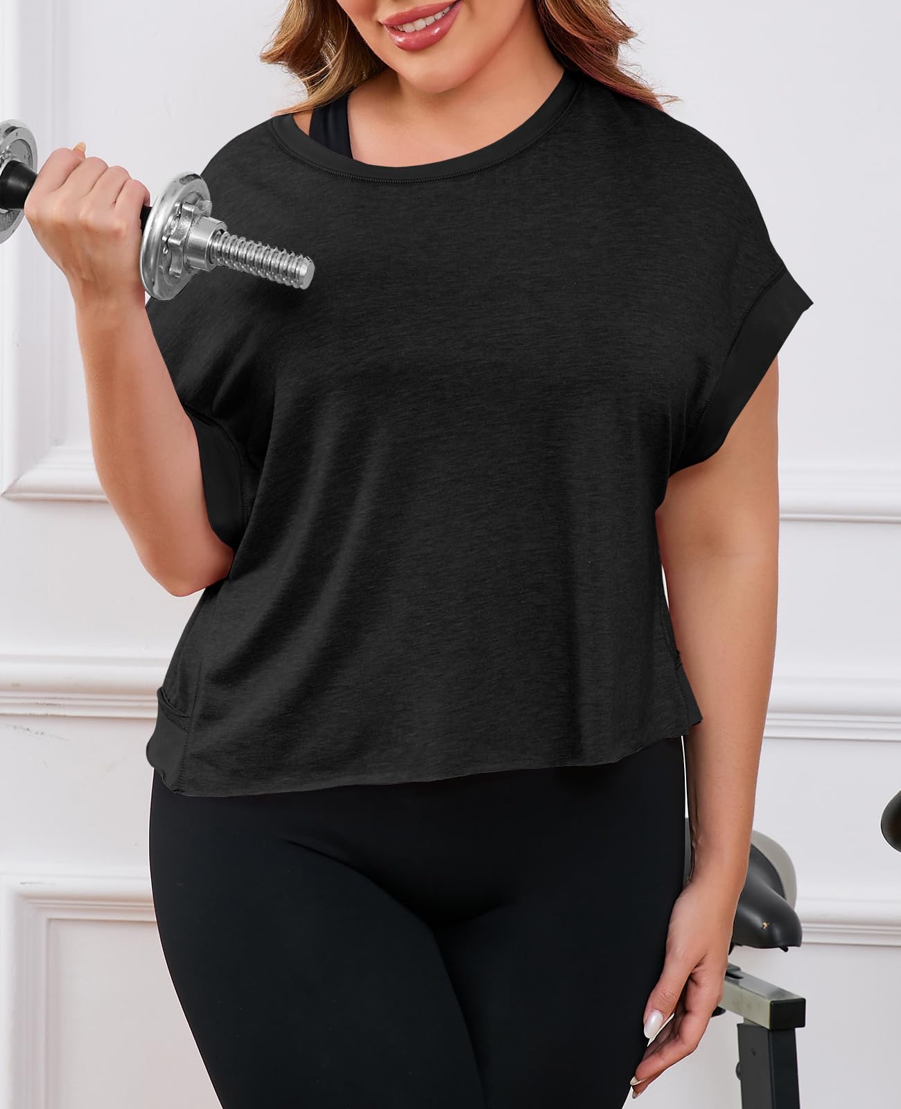 Fisoew Womens Plus Size Open Back Workout Tops Black
