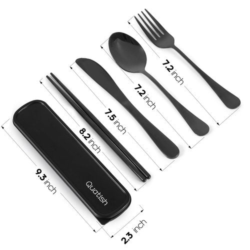 Travel Utensils with Case, Quatish Portable Silverware Set for Work, Stainless Steel Reusable Travel Cutlery Set, Fork and Spoon Set for Picnic, Camping, Gadgets, Lunch Box for Men, Black