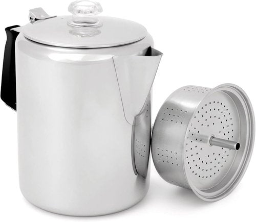 GSI Outdoors Percolator Coffee Pot I Glacier Stainless Steel with Silicone Handle for Camping, Backpacking, Travel, RV & Hunting - Stove Safe