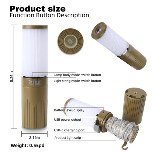 Camping Lantern with 49.2FT String, 2 in 1 Outdoor Warm White String Lights with 4 Modes & 5 Modes Rechargeable Camping Lamp IPX4 Waterproof Portable LED Tent Light for Outdoor Yard Garden Decoration