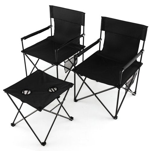 Tangkula 3 Piece Camping Chairs with Table, Portable Folding Lawn Chair with Side Table, Carrying Bag, Side Storage Pocket, 2 Cup Holders, Outdoor Beach Chair Set for Backpacking Travel Camp
