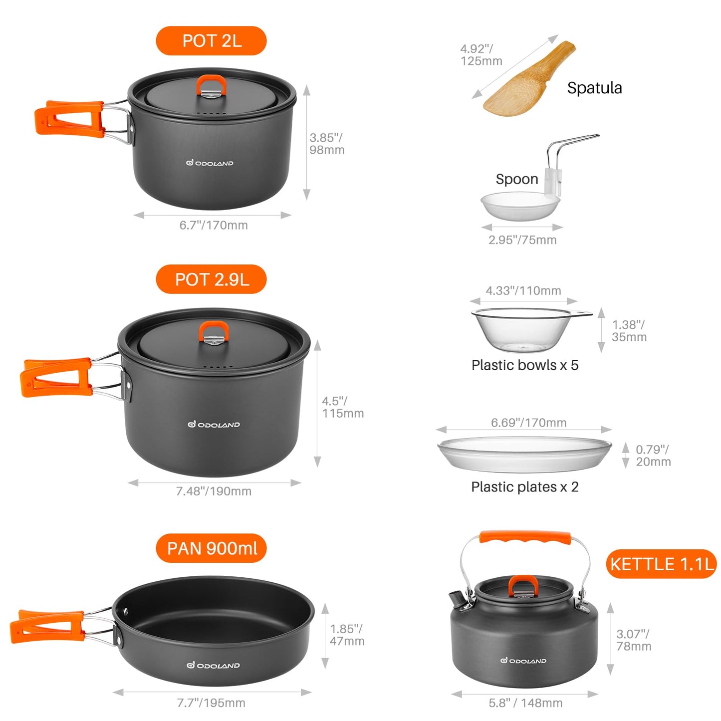 Odoland 15pcs Camping Cookware Non-Stick Lightweight Camping Pots and Pans Set with Kettle Plastic Plates Bowls Soup Spoon for Camping, Backpacking, Outdoor Cooking and Picnic