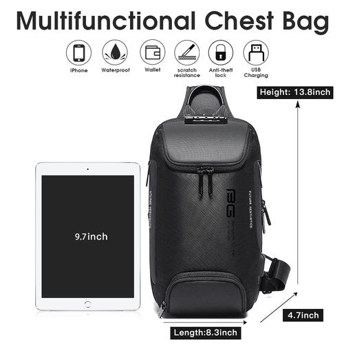 BANGE Anti theft Sling Backpack with Lock, Men's Sling Bag for Men, Shoulder Crossbody Backpack with USB Charging Port for Men and Women