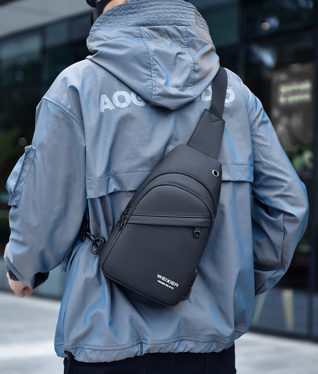 Hjkiopc Waterproof Sling Bags Mens Shoulder Crossbody Backpack with USB Charging Port& Headphone,Outdoor Lightweight Bag