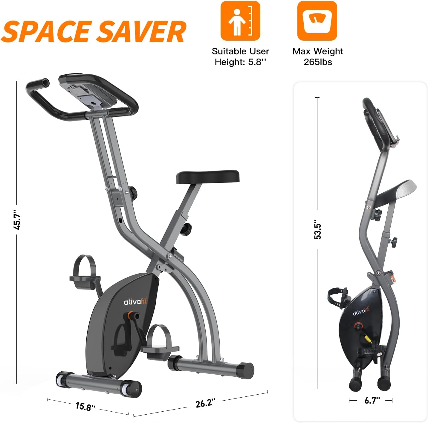 ATIVAFIT Exercise Bike Foldable Fitness Indoor Cycling Bike Magnetic 3 in 1 Upright Recumbent Exercise Bike with Resistance Bands for Home Workout