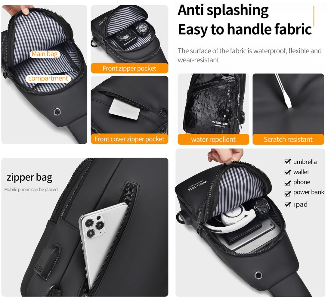 Hjkiopc Waterproof Sling Bags Mens Shoulder Crossbody Backpack with USB Charging Port& Headphone,Outdoor Lightweight Bag