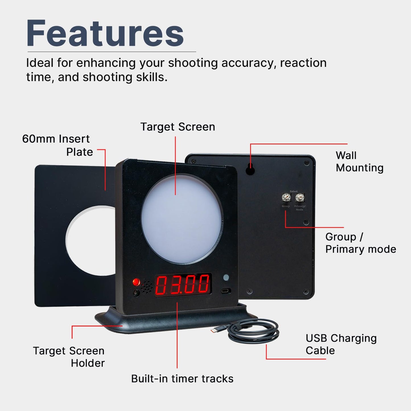 Accurize Mini Reaction Target 1-Pack – 2 Customizable Sizes (Default 100mm Size with 60mm Insert Plate), Shooting Targets with Timer for Reaction Speed Practice, Includes Holder & USB Charging Cable