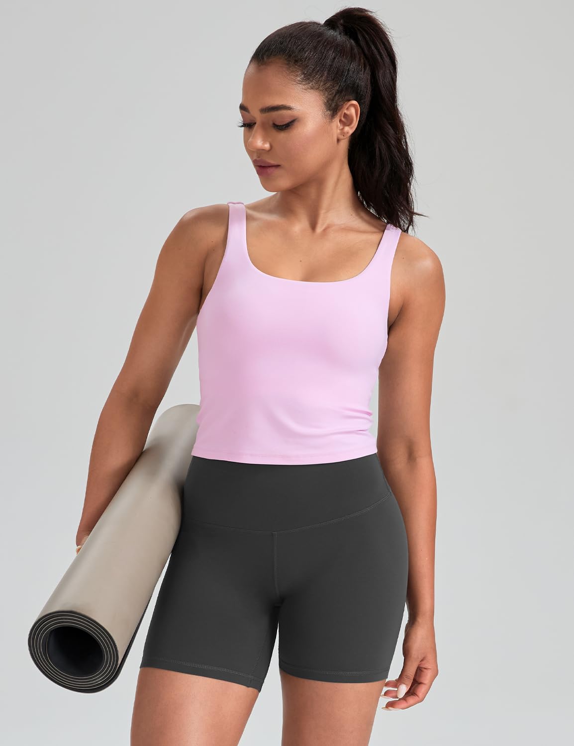 HeyNuts Zeal Bra Womens Scoop Neck Longline Sports Bras, U Back Medium Impact Wirefree Workout Athletic Running Basic Gym Yoga Crop Tank Tops Padded Camisole with Built in Bras Gossamer Pink M