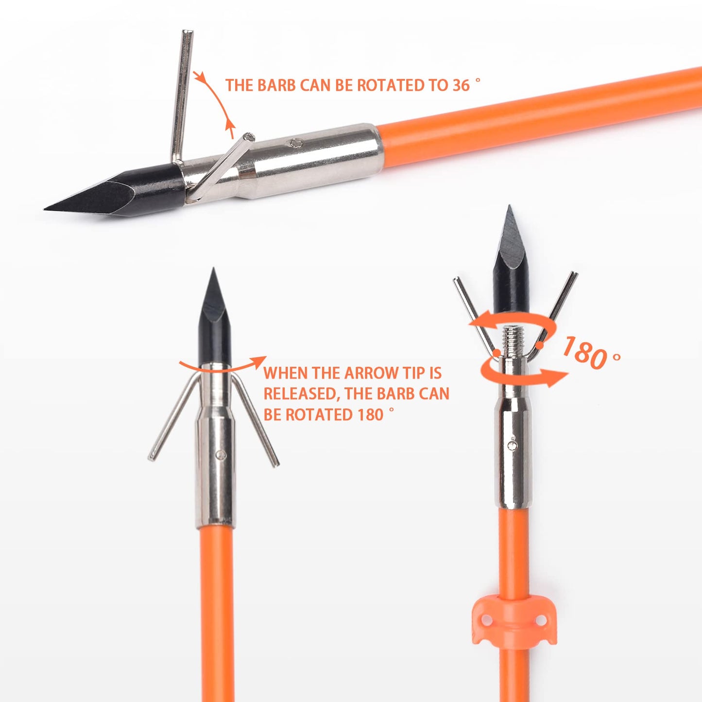GPP 32 inches Bowfishing Arrows Fish Hunting Solid Fiberglass Shaft with Broadheads and Safty Slides for All Bows Fishing Huntings,6 PCS