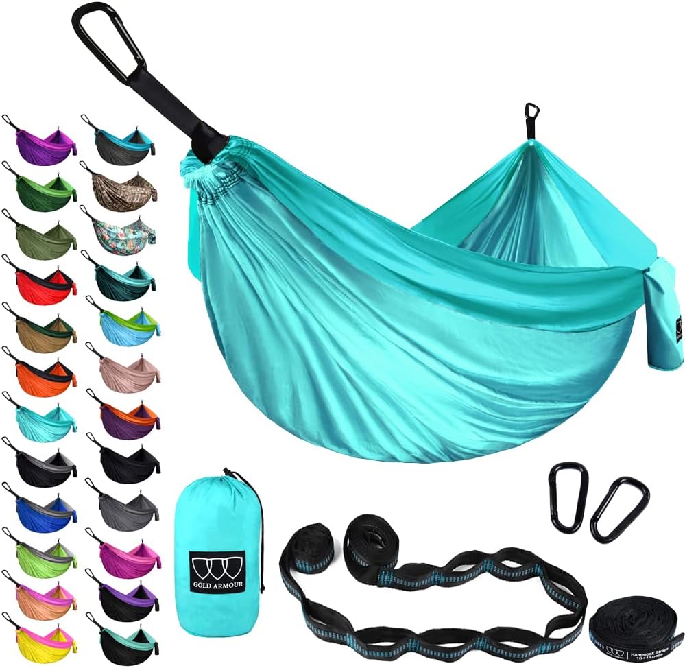 Gold Armour Camping Hammock - XL Double Hammock Portable Hammock Camping Accessories Gear for Outdoor Indoor with Tree Straps, USA Based Brand (Gray)