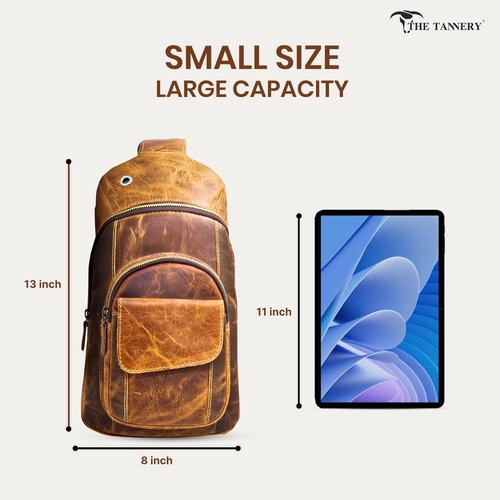 The Tannery Handmade Buffalo Leather Multipurpose Travel Hiking Crossbody Chest Backpack with Adjustable Shoulder Strap (Brown, Large)